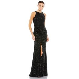 Mac Duggal SEQUINED HIGH NECK SIDE KNOT GOWN